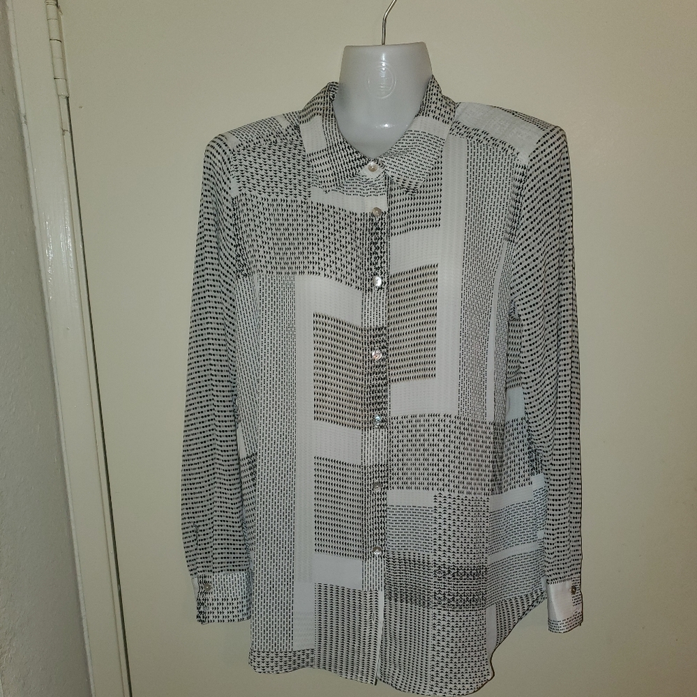 Black and White Patterned Button-Up Blouse